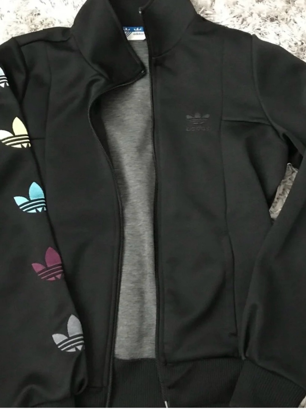 adidas Black Track Jacket with Multicolor Trefoil Sleeve